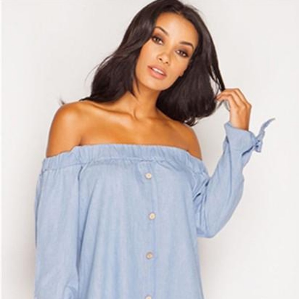 VINTAGE OFF THE SHOULDER BOHO MINI DRESS (BLEACHED